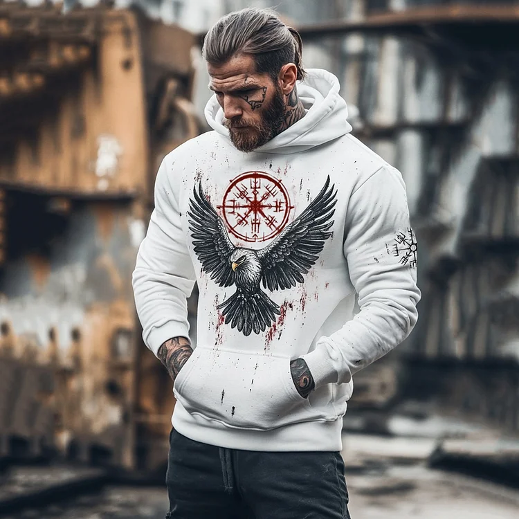 Vintage Vikings Raven Printed Totem Unisex Casual Hoodie