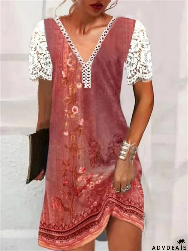 Women's Summer Vintage Lace V Neck Short Sleeve Printed Trendy Dress