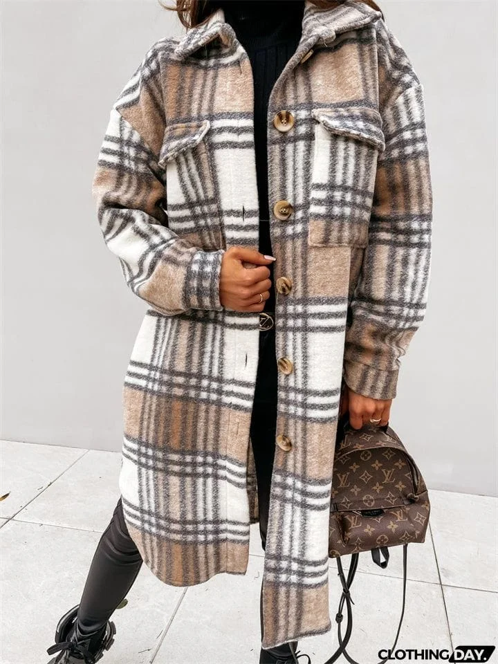 Women's Fashion Long Plaid Shacket Coat