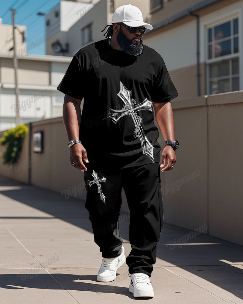 Men's Plus Size Black Thorn Cross Faith Print T-Shirt Trousers Suit