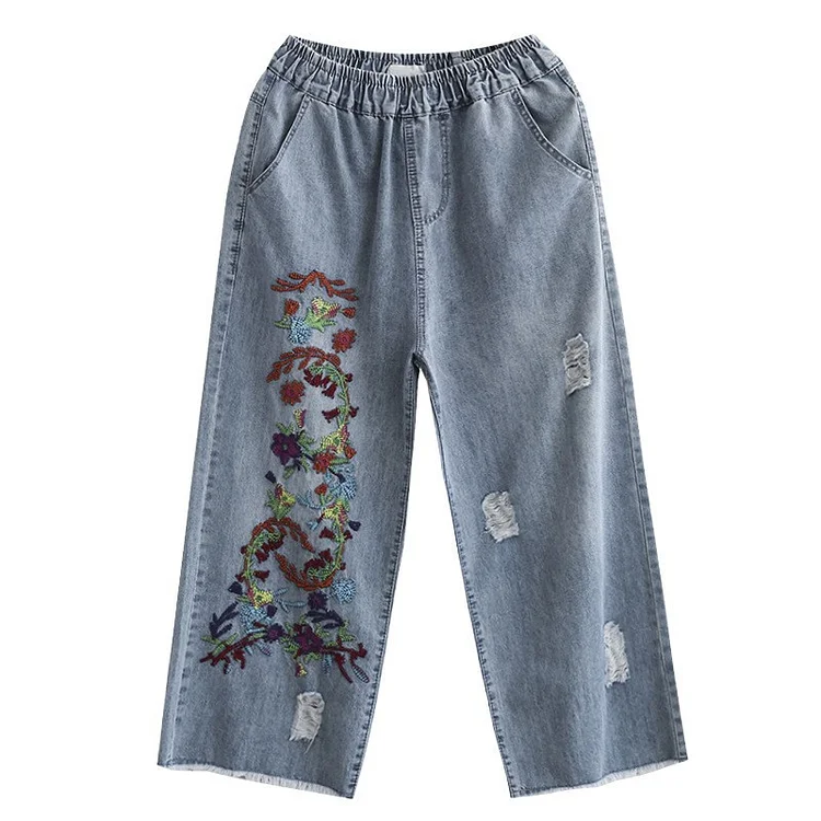 Vintage Embroidered Denim High Waist Pants