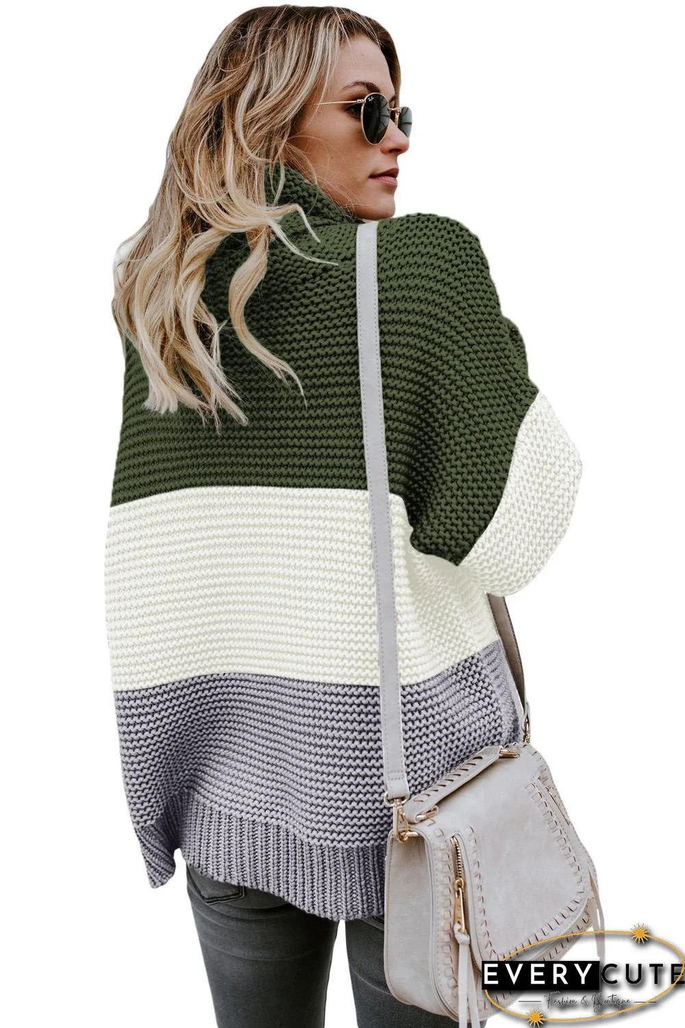 Green Turtleneck Color Block Pullover Sweater
