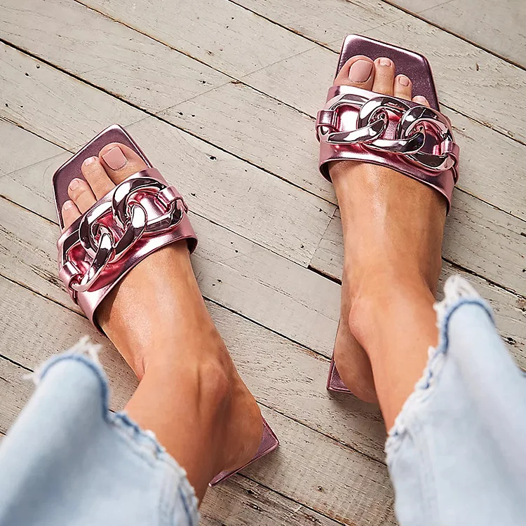 Metallic Pink Square Toe Flat Mules Women's Metal Chain Slides Shoes |FSJ Shoes