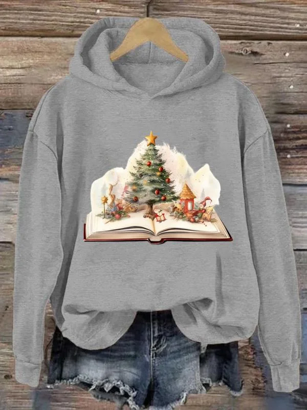 Christmas books Loose Pullover Hooded Sweatshirt-0020195