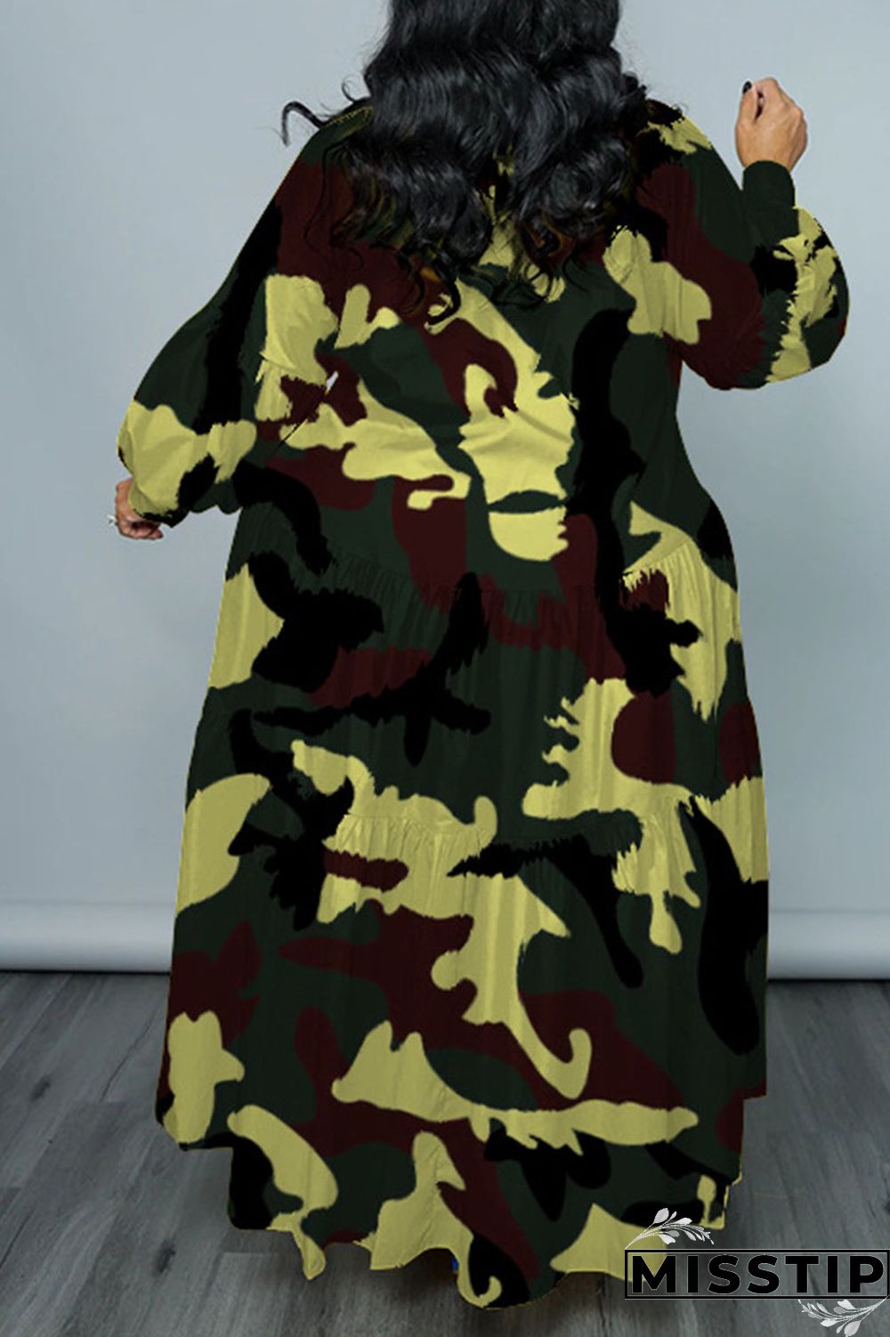 Cyan Casual Print Patchwork Buckle Fold Turndown Collar Long Dress Plus Size Dresses