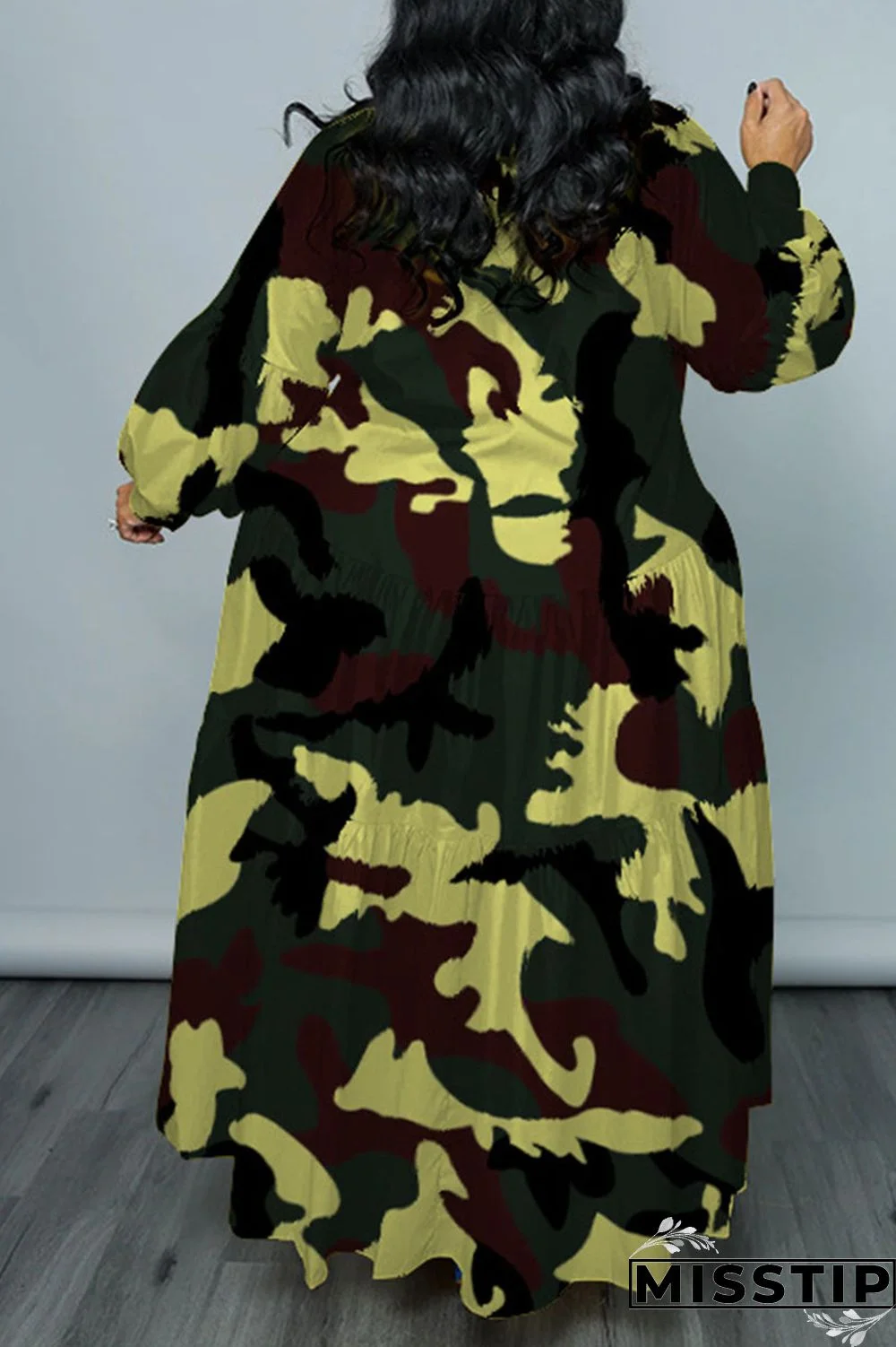 Cyan Casual Print Patchwork Buckle Fold Turndown Collar Long Dress Plus Size Dresses