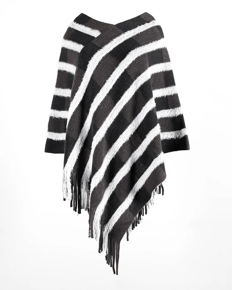 Fitshinling Fringe Bohemian Poncho Femme Winter Knitted Clothing Plaid Irregular Oversied Cape Loose Vintage Sweater Jumper 2021