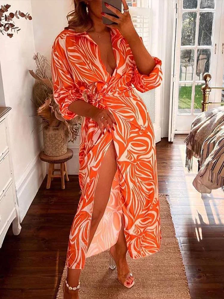 Women Vitange Pattern Print Boho Shirt Dress Female Fashion Lapel Long Sleeve Lace Up Robe 2022 Summer High Slit Loose Dresses