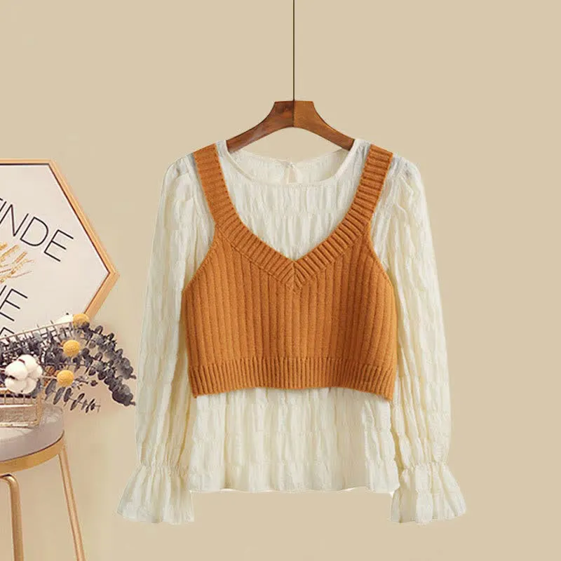 Pure Color V-neck Knit Vest Shirt Lace Up Wide Leg Pants