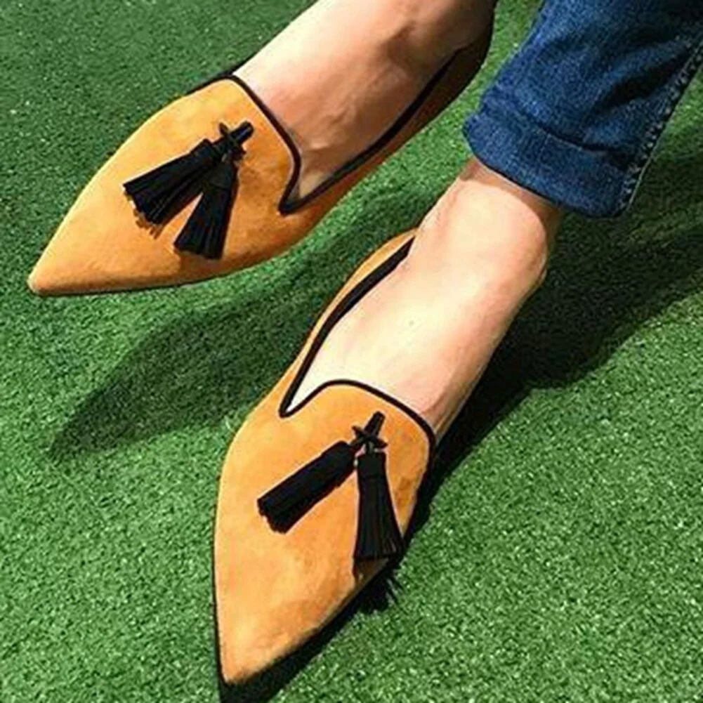 Breakj Pointed Toe Flat Shoes Elegant Low Heel Fringe Mules Women New Brand Concise mxed-color Mules