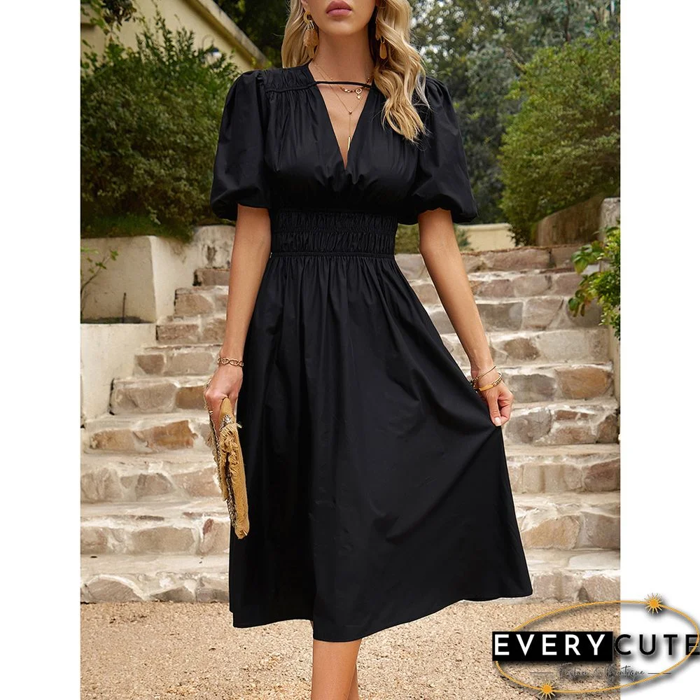 Black Solid V Neck Pleated Waist Midi Dress