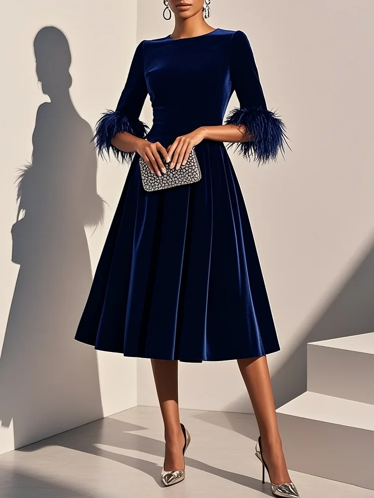 Dark Blue Feather-trimmed Velvet Round Neck Short-sleeved A-line Midi Dress