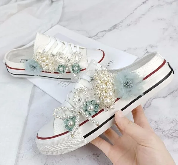 Women Sneakers Summer Canvas Shoes White Ribbon Strap Sew Colorful Flowers Pearl Diamond Ribbon Thick-soled Flat Stud E146
