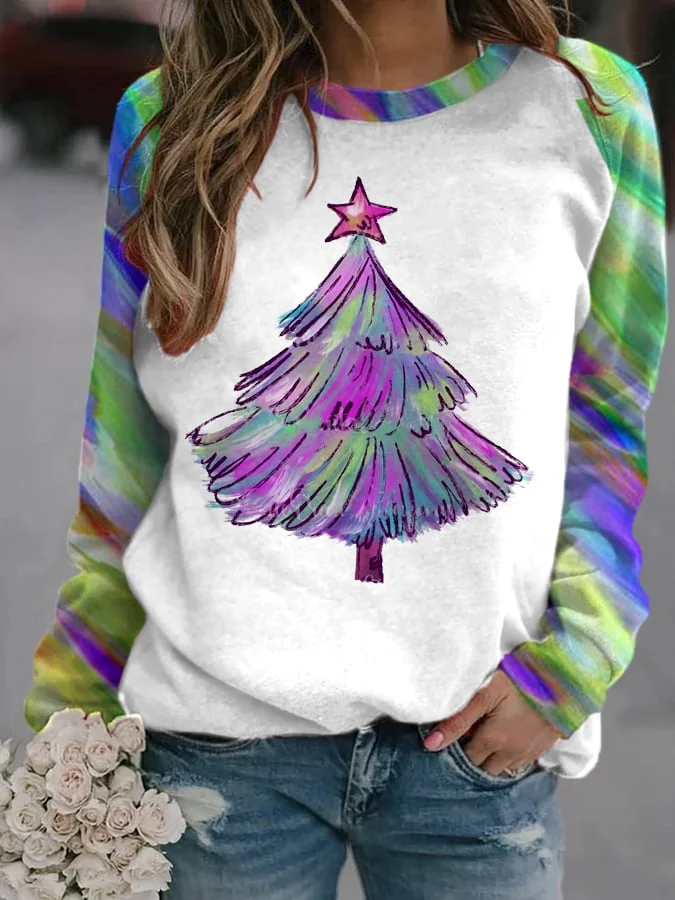 Women's Shiny Purple   Christmas TreePrint Sweatshirt