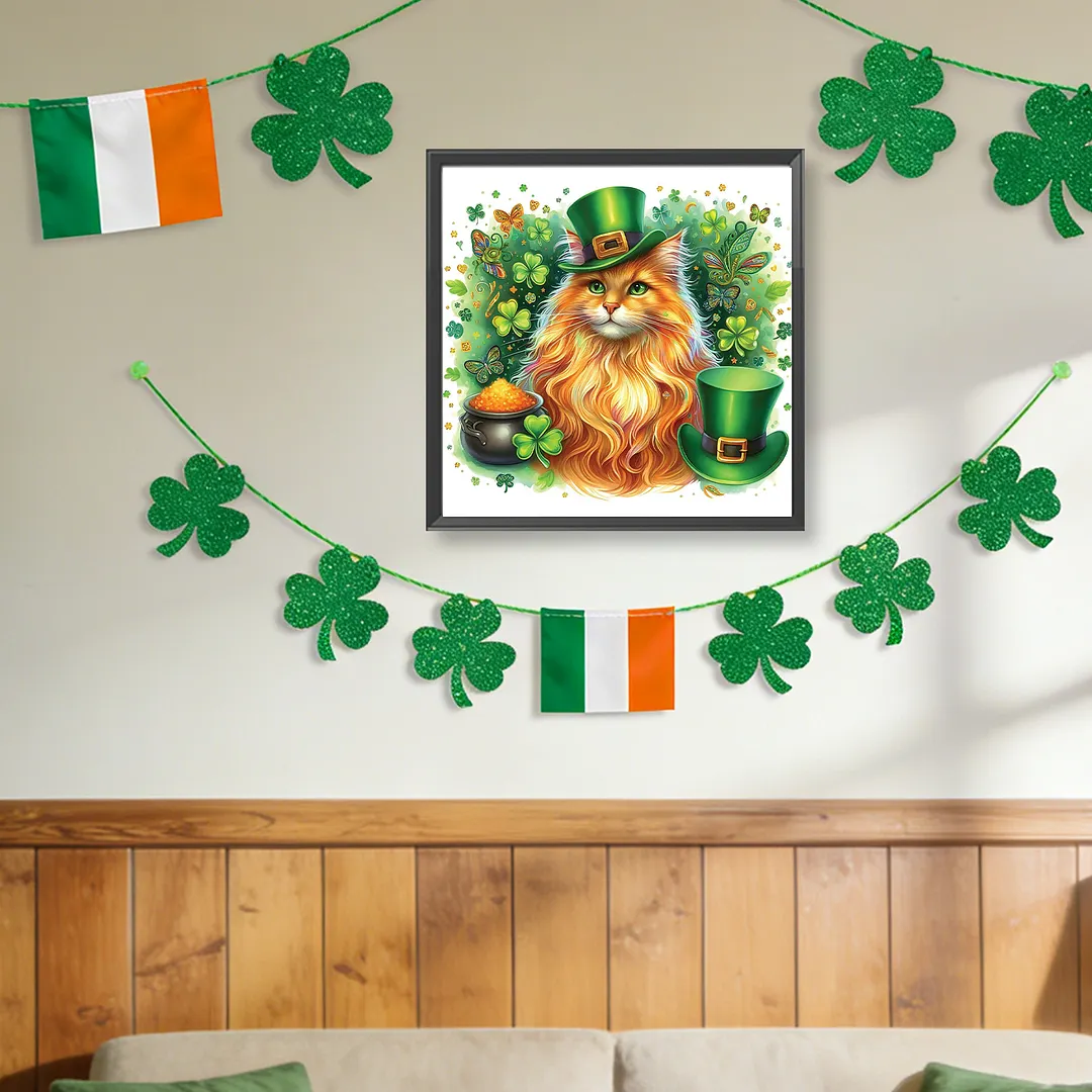 St Patricks Day Cat Full DIY 5D Round Drill Diamond Art Kits for Home Wall Decor 40x40cm