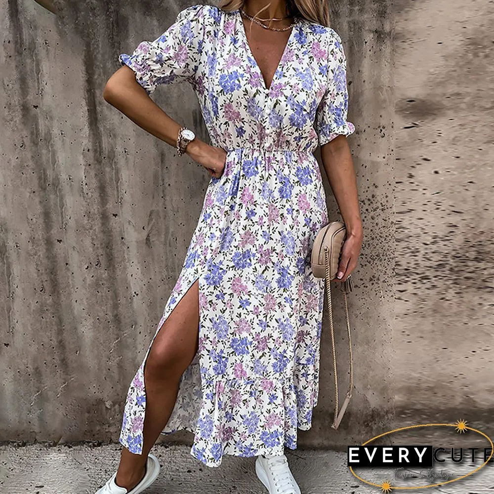 V Neck Side Split Short Sleeve Maxi Dress