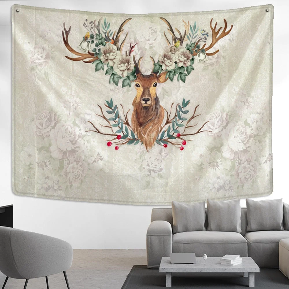 Elk Head Oil Painting Tapestry Wall Hanging Bohemian Style Psychedelic Witchcraft Art Cartoon Home Decor