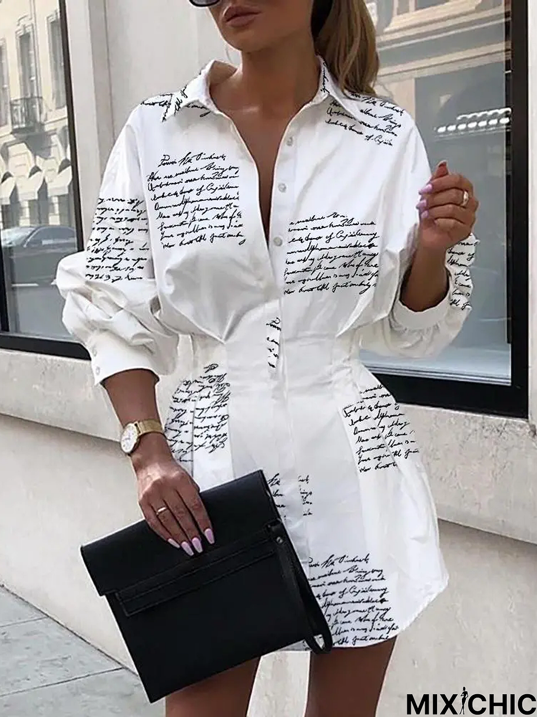 Text Letters Shirt Collar Casual Dress