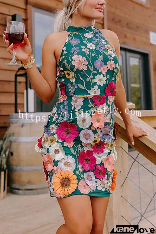 Wish Upon A Dream Floral Applique Halter Mini Dress