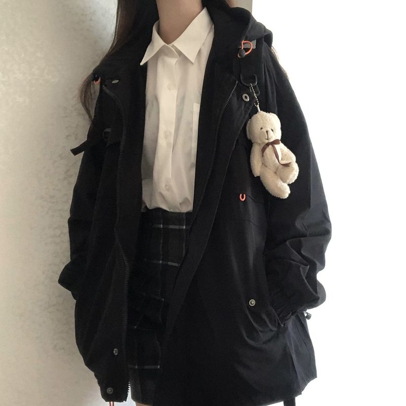 Parigaminghub Techwear jacket Women Korean loose unisex long-sleeved hooded preppy solid color jacket all-match casual student coat streetwear