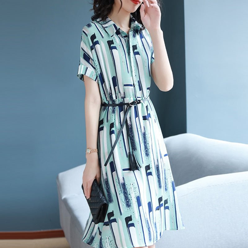 Lapel Short Sleeve Printed Mid-length Mulberry Silk Dress Summer Graceful And Fashionable Skirt