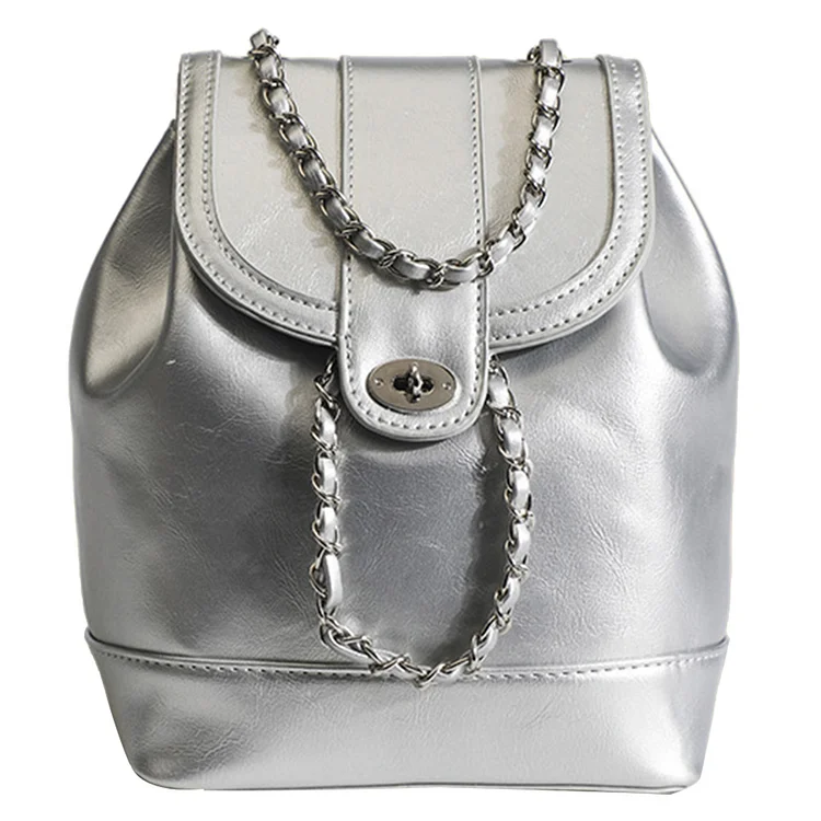 Women Fashion Chain Backpack Drawstring PU School Bags Large Capacity (Silver)