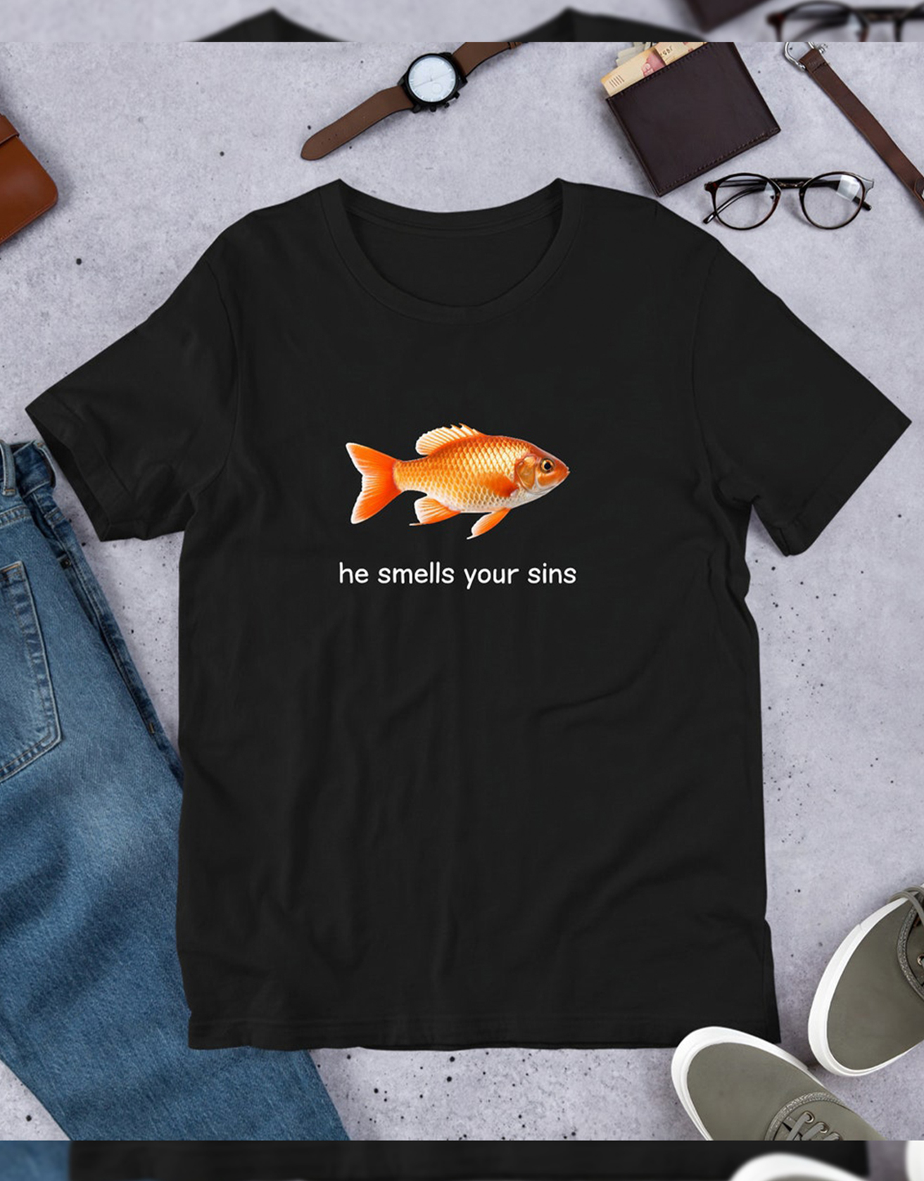 He Smells Your Sins Goldfish Tshirt Y2K Funny Meme Shirt / TECHWEAR CLUB / Techwear