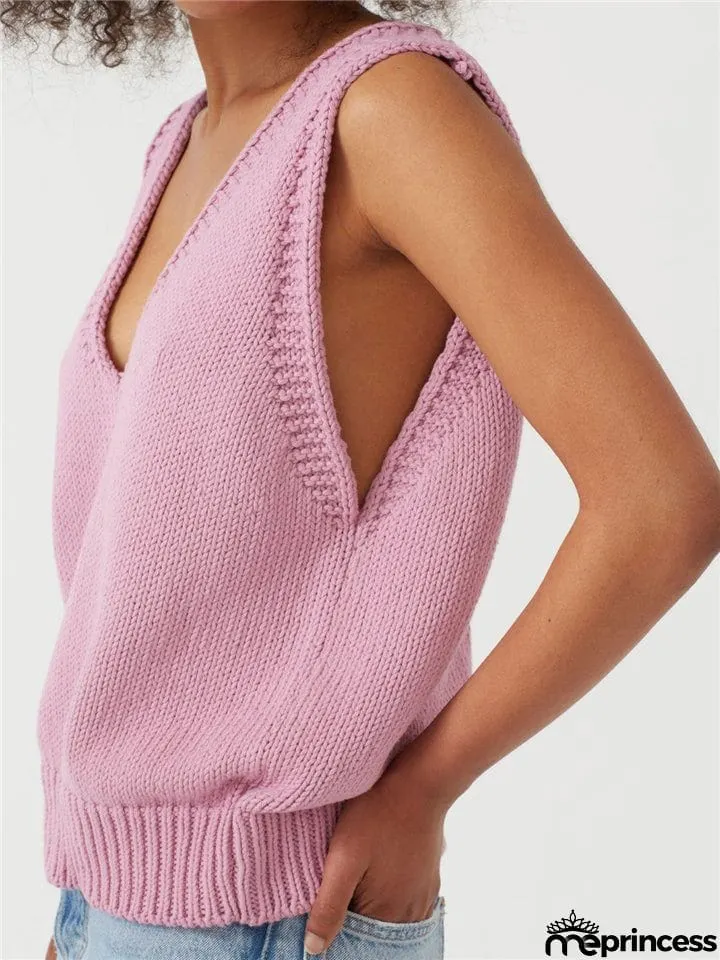 Relaxed Fit Fine Knit V Neck Ribbed Detailing Solid Color Sleeveless Sweater Vest