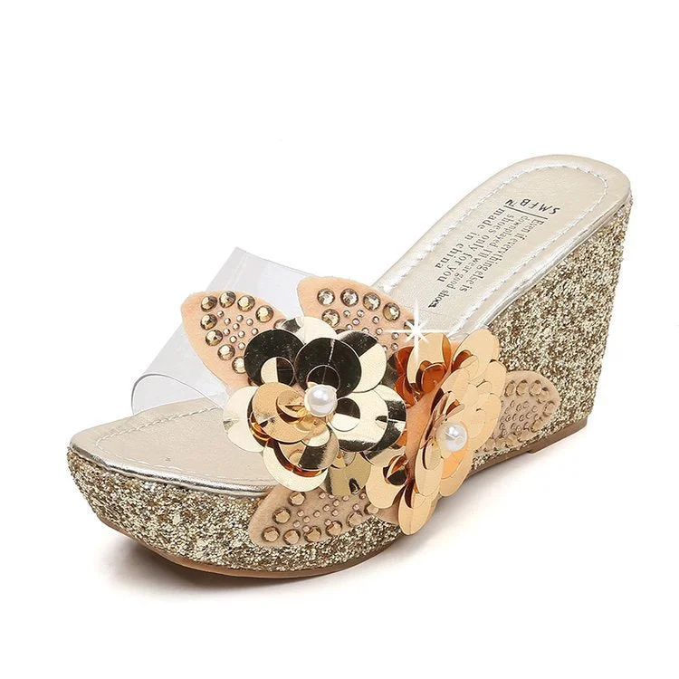 2022 Summer New Wedges Sandals Women Sexy Crystal Transparent High Heels PVC Slippers String Bead  Slippers Fashion Shoes