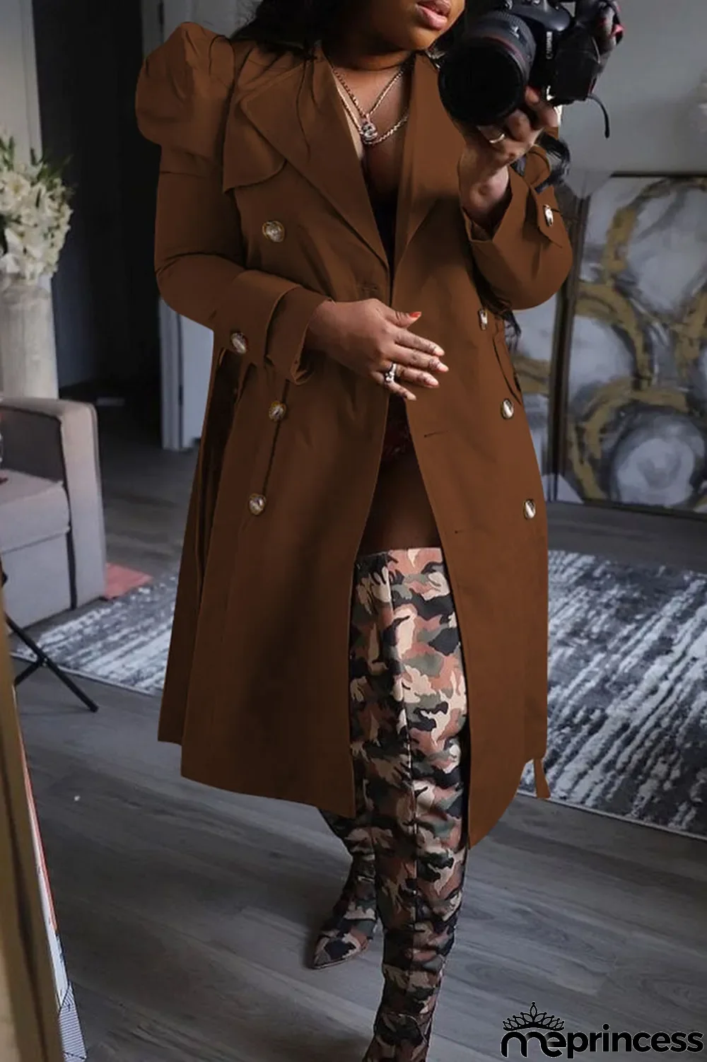 Khaki Casual Solid With Belt Turndown Collar Outerwear