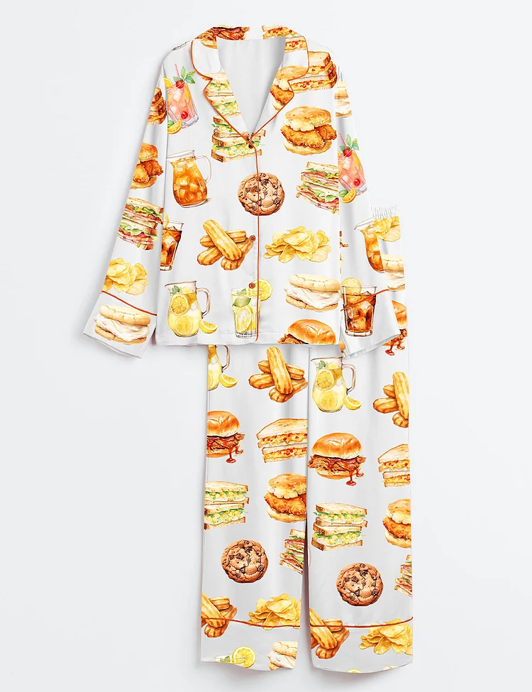 Women&rsquo;s Fast Food Cheese Hamburger Cocktails Cookie Tasty Food Print Long Sleeve Satin Pajama Set