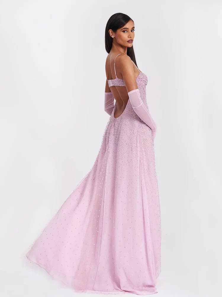 Wallie Baby Blue Rhinestone Embellished Mesh Backless Gown