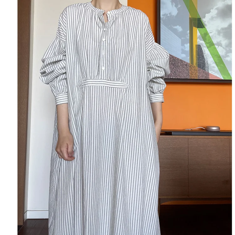 Loose Striped Long Sleeve Maxi Shirt Dress