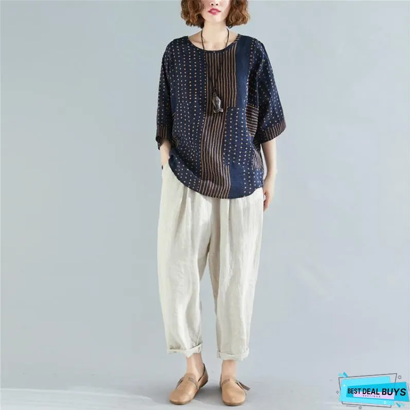 Vintage Polka Dot Striped Cotton Tops