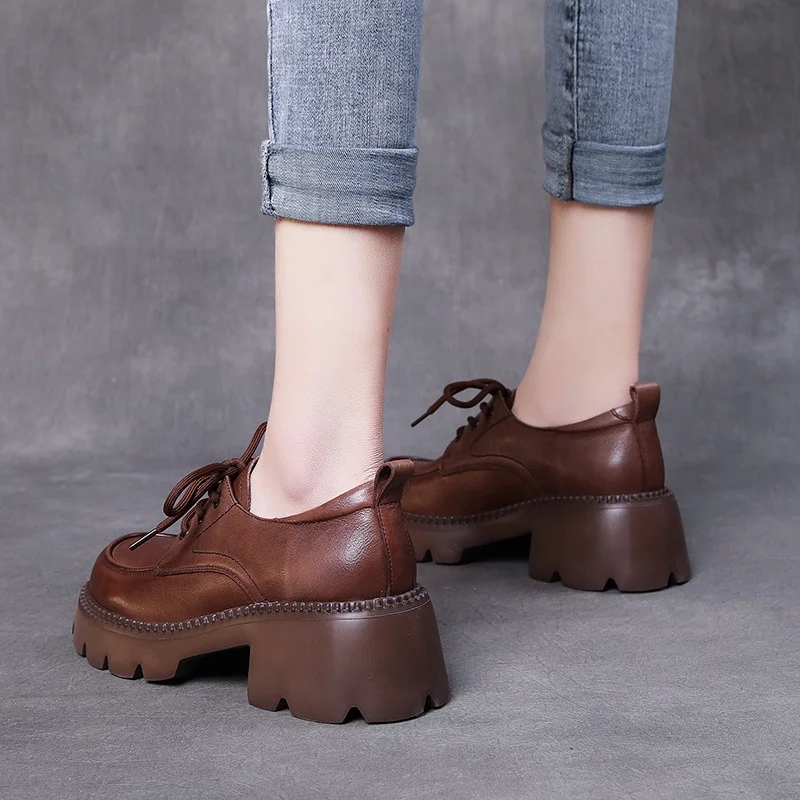 Yyvonne High-Rise Cowhedole With Coarse Heel Of Lefy Shoes Women Thick Bottom Four Seasons Ultra-Light Leather Single Shoes 2 Casual