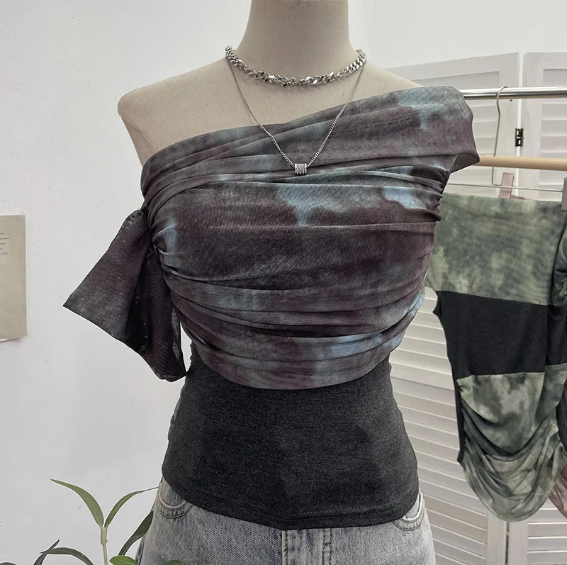 Uveng Real Shooting Can Wear Two-Wear Art Dizzy Net Yarn Spliced A Word Shoulder T-Shirt To Repair The Chest Short Babes Top 1131