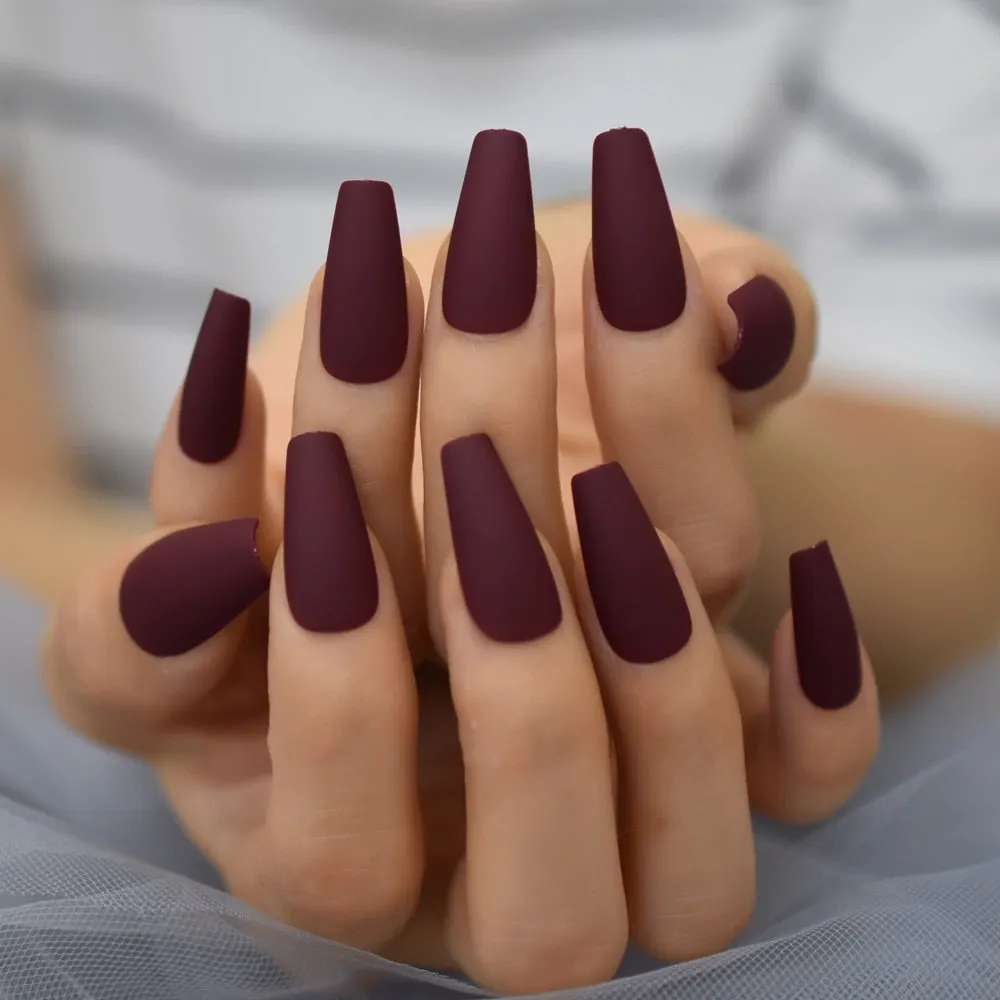 EchiQ Frosted Fake Nails Black Long Size Matt Faux Ongles Ballerina Press On Nails Square Manicure Tips-Nail Inspo