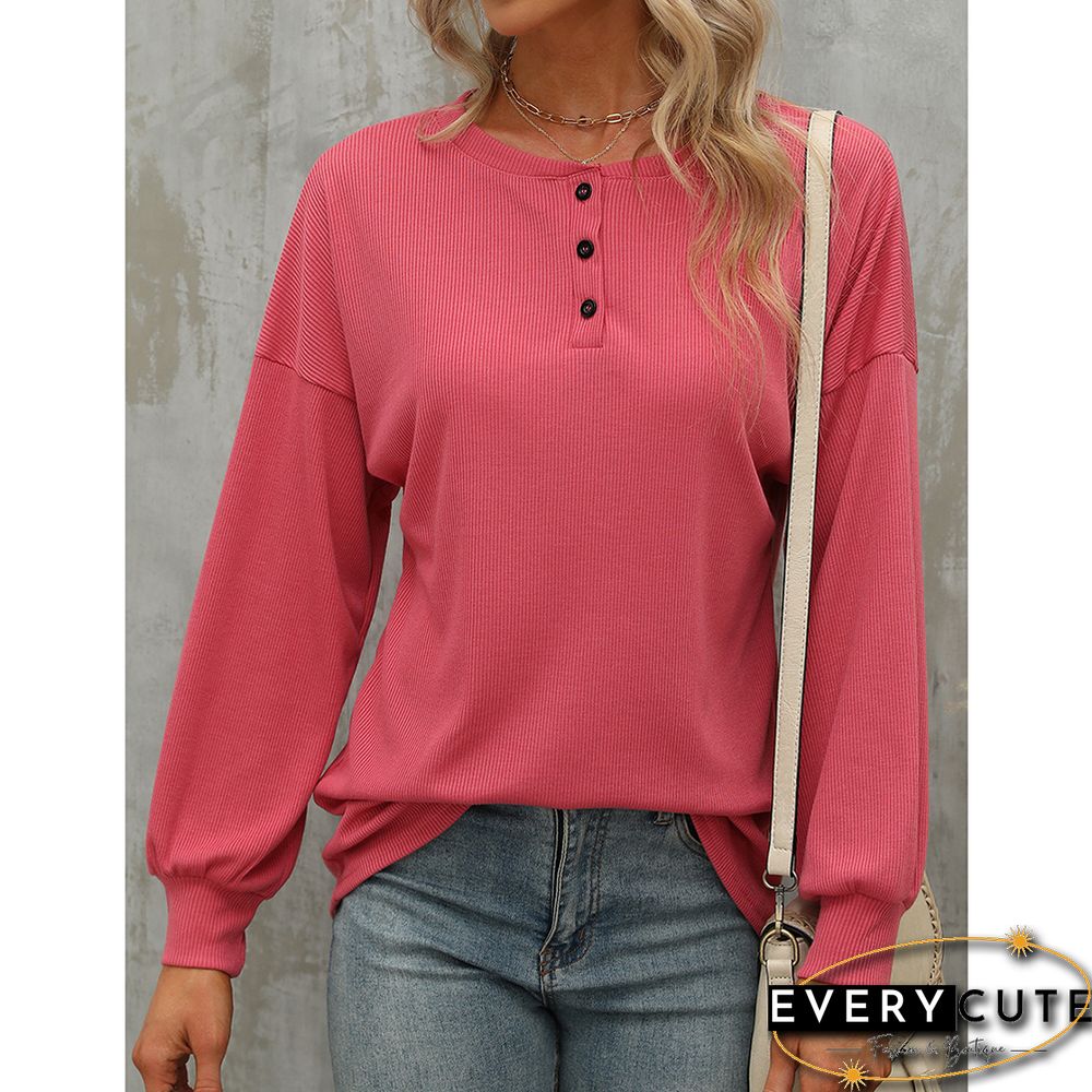 Pink Button-up Drop Shoulder Puff Sleeve Tops