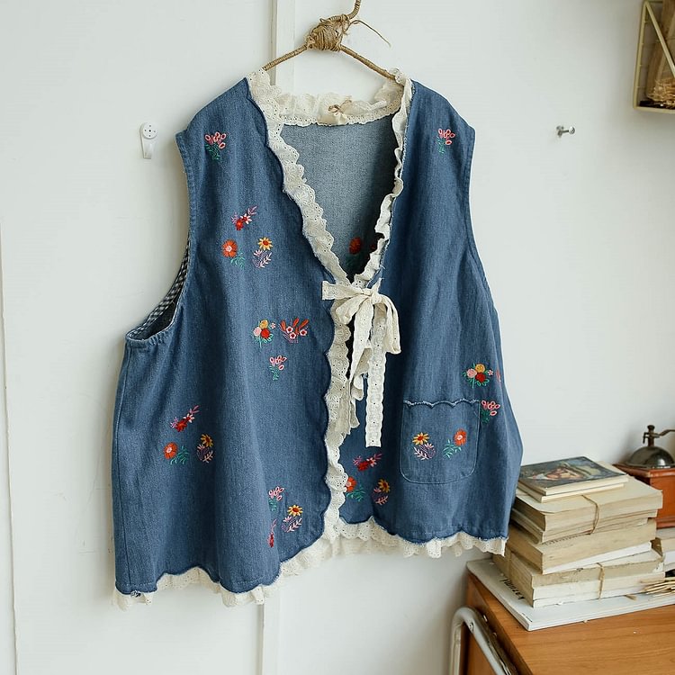 Queenfunky cottagecore style Denim Lace Embroidered Vest QueenFunky