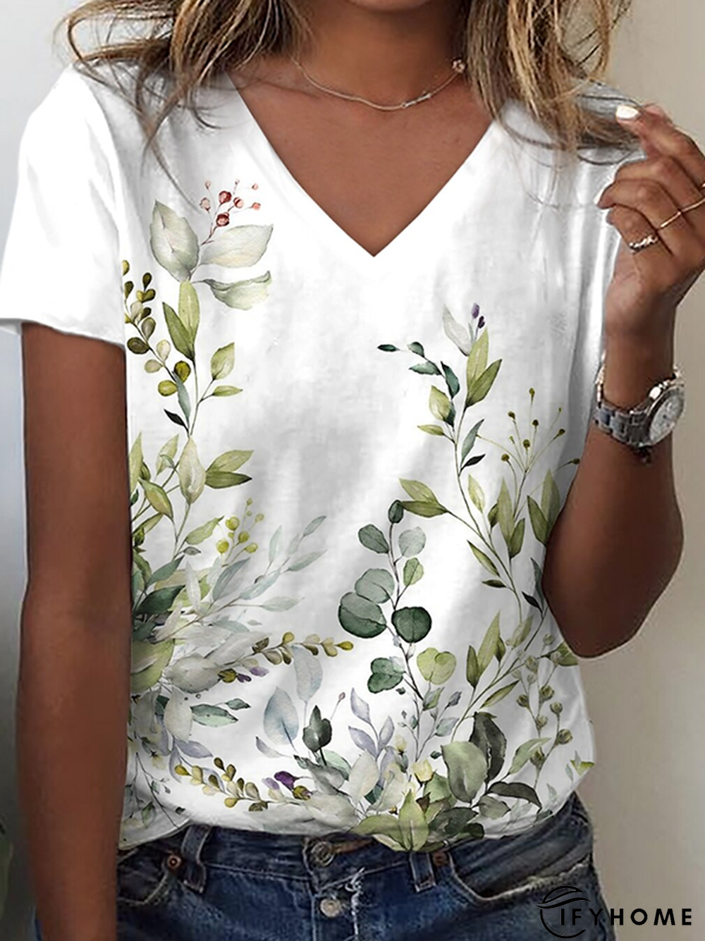 Leaves V neck Casual Short Sleeve T-Shirt | IFYHOME
