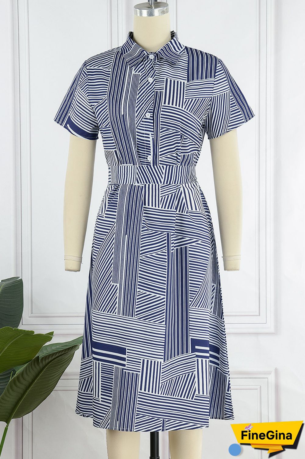 Blue Casual Print Patchwork Turndown Collar Short Sleeve Dress