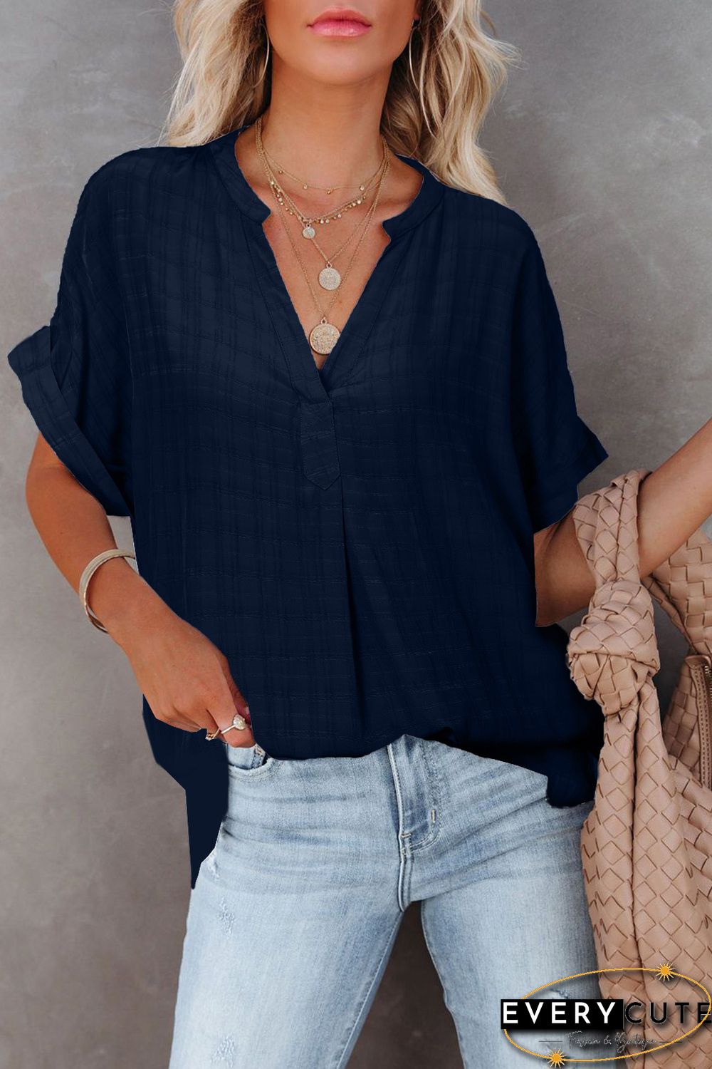 Navy Plaid Print Loose V Neck Short Sleeve Shirt with Slits