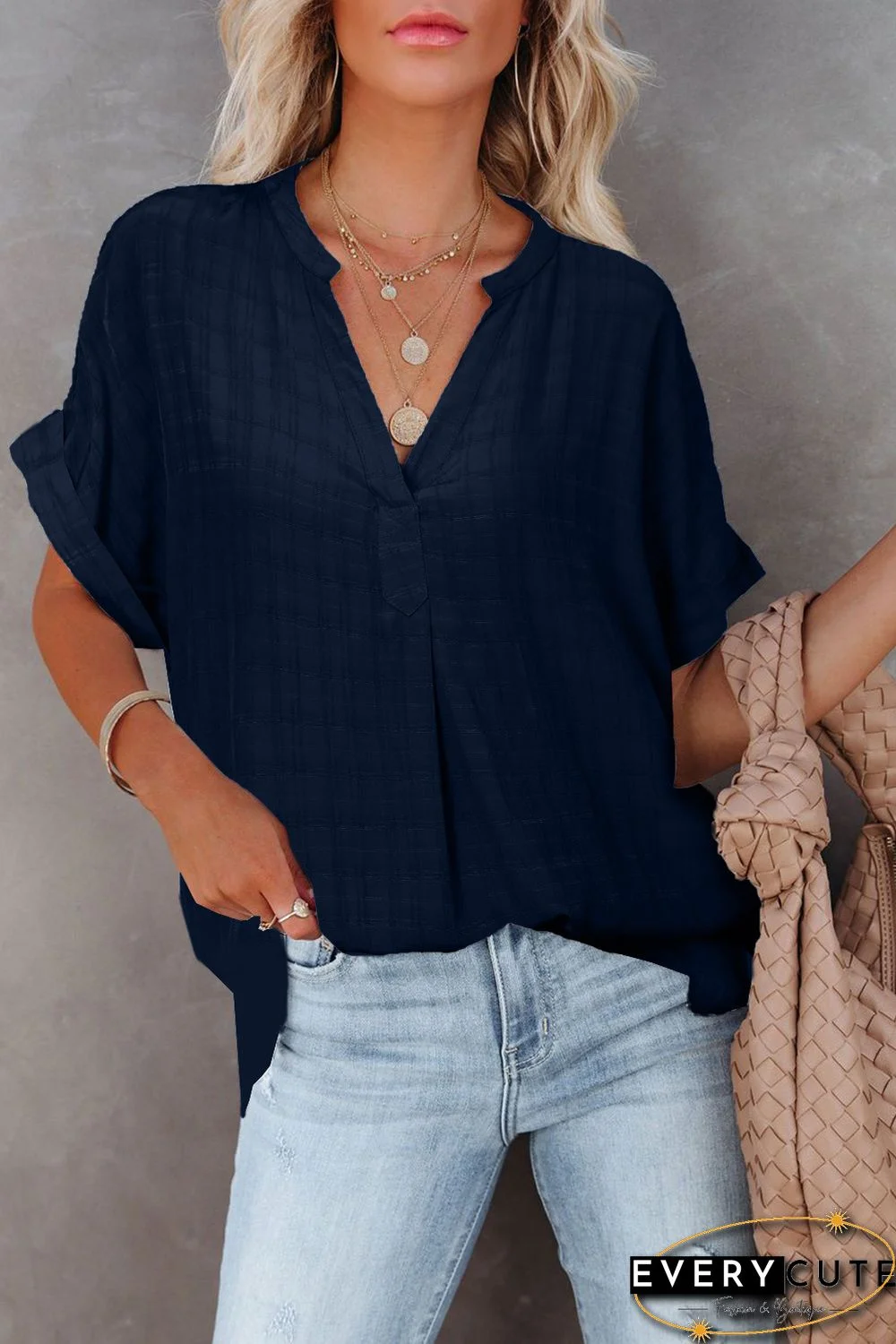 Navy Plaid Print Loose V Neck Short Sleeve Shirt with Slits