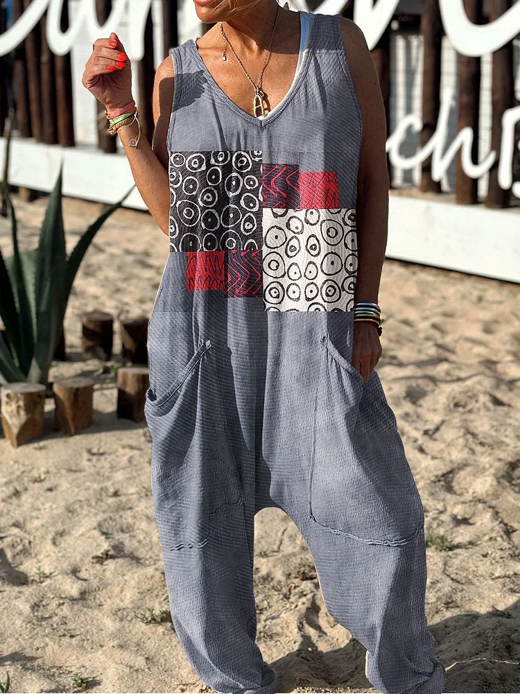 Abstract Pattern Hippie Art Print Casual 100% Cotton Wide Leg Jumpsuit