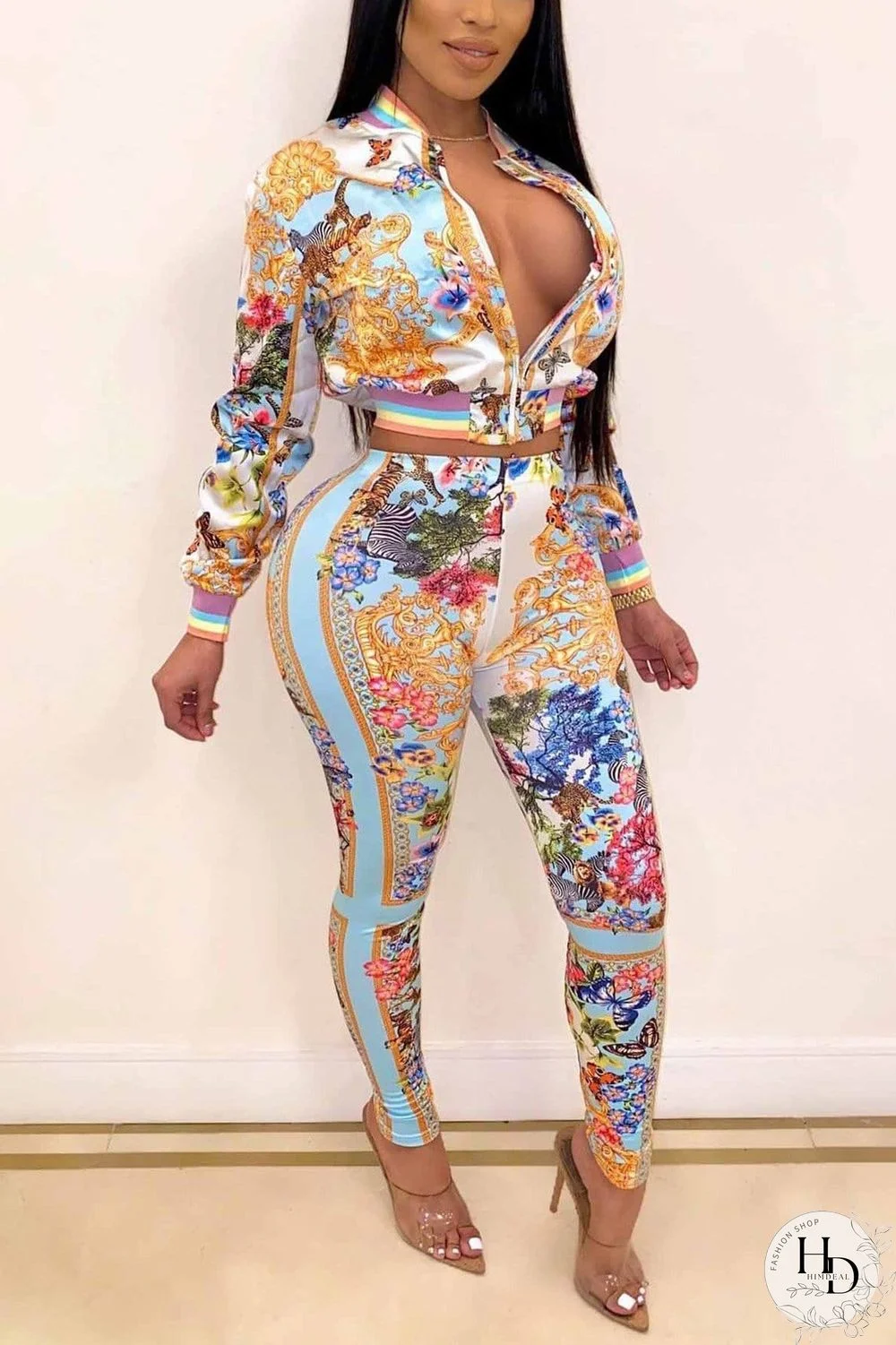 Fashion Casual Printing Zipper Two-Piece