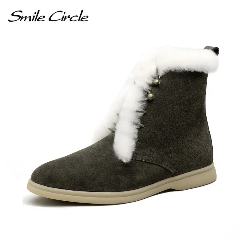 Smile Circle winter Ankle boots cow-suede-leather boots fashion natural-fur Warm boots Comfortable snow boots women