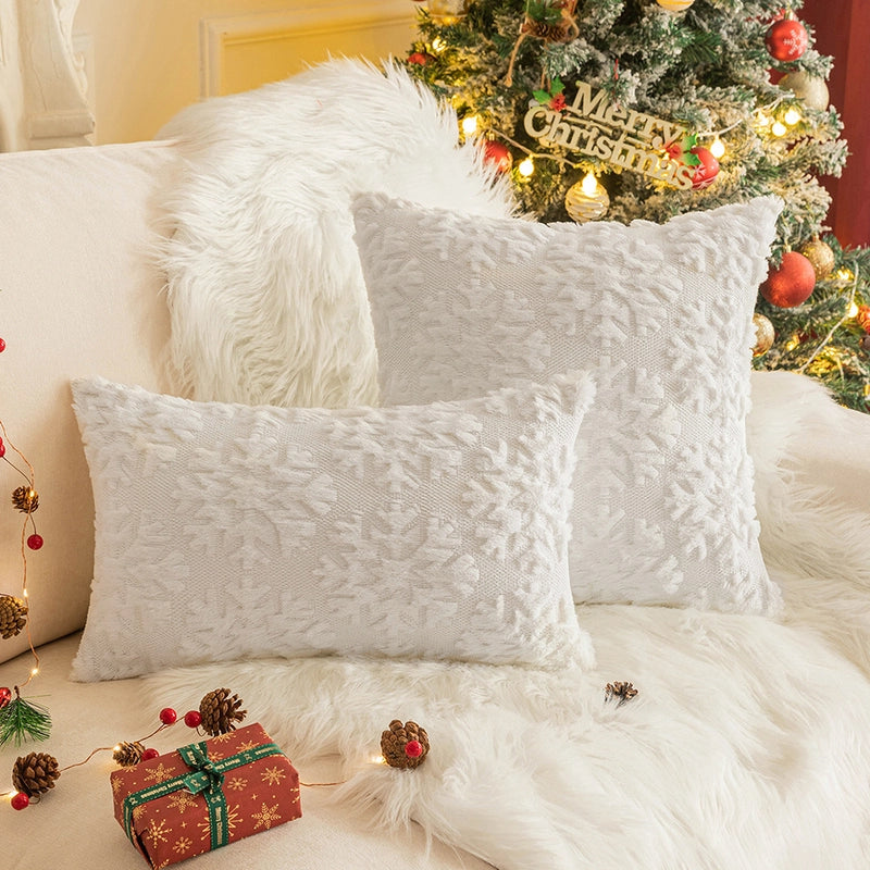 Christmas Pillow Case Plush Snowflake Christmas Tree Embroidered Hair Living Room Sofa Cushion Holiday Party Decorative Pillow Case