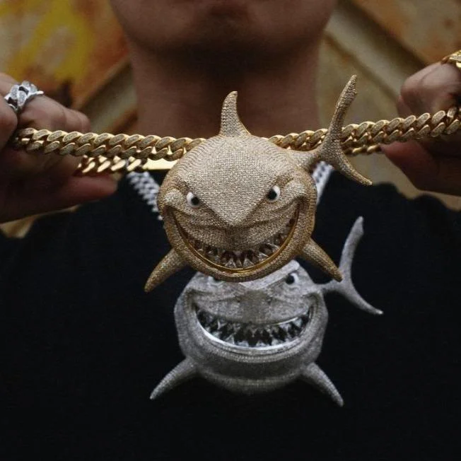 5A+ CZ Stone Bling Iced Out Big Shark Pendants Necklaces