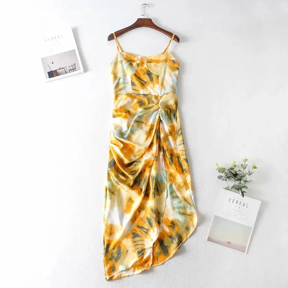 Dress For Wedding Guests Retro Print Pleated Irregular Suspender Dress