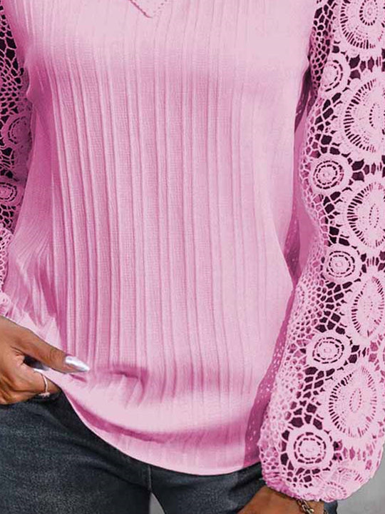 Women Long Sleeve V-neck Solid Lace Tops